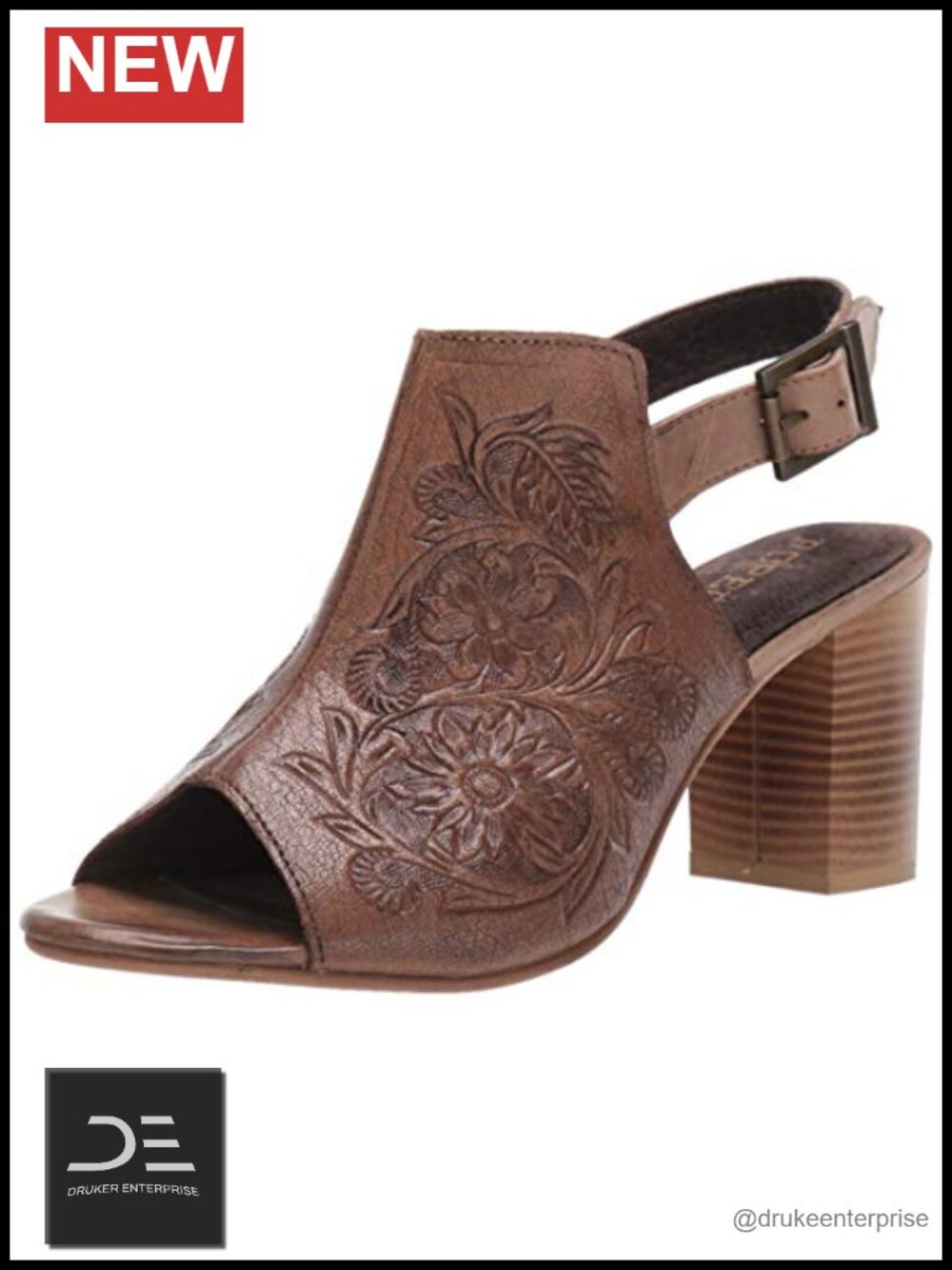 Women's Leather Hand Tooled Floral Mid Heel Sandals w/ Buckle